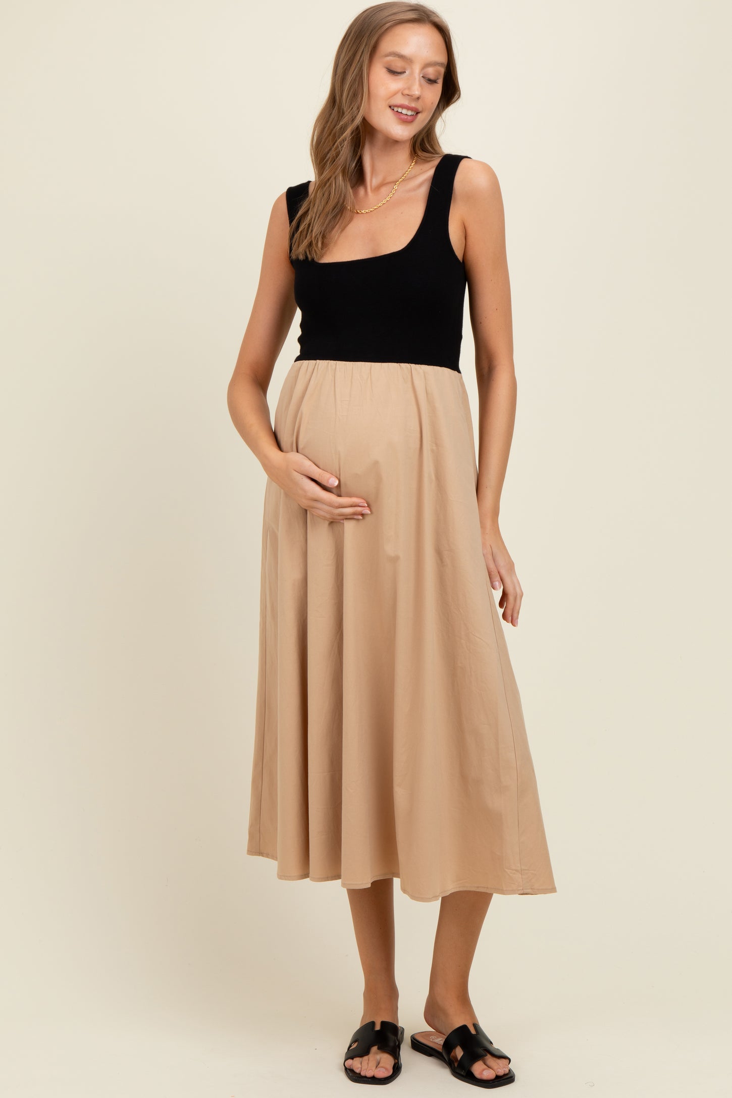 Beige Black Contrast Knit Poplin Sleeveless Maternity Midi Dress