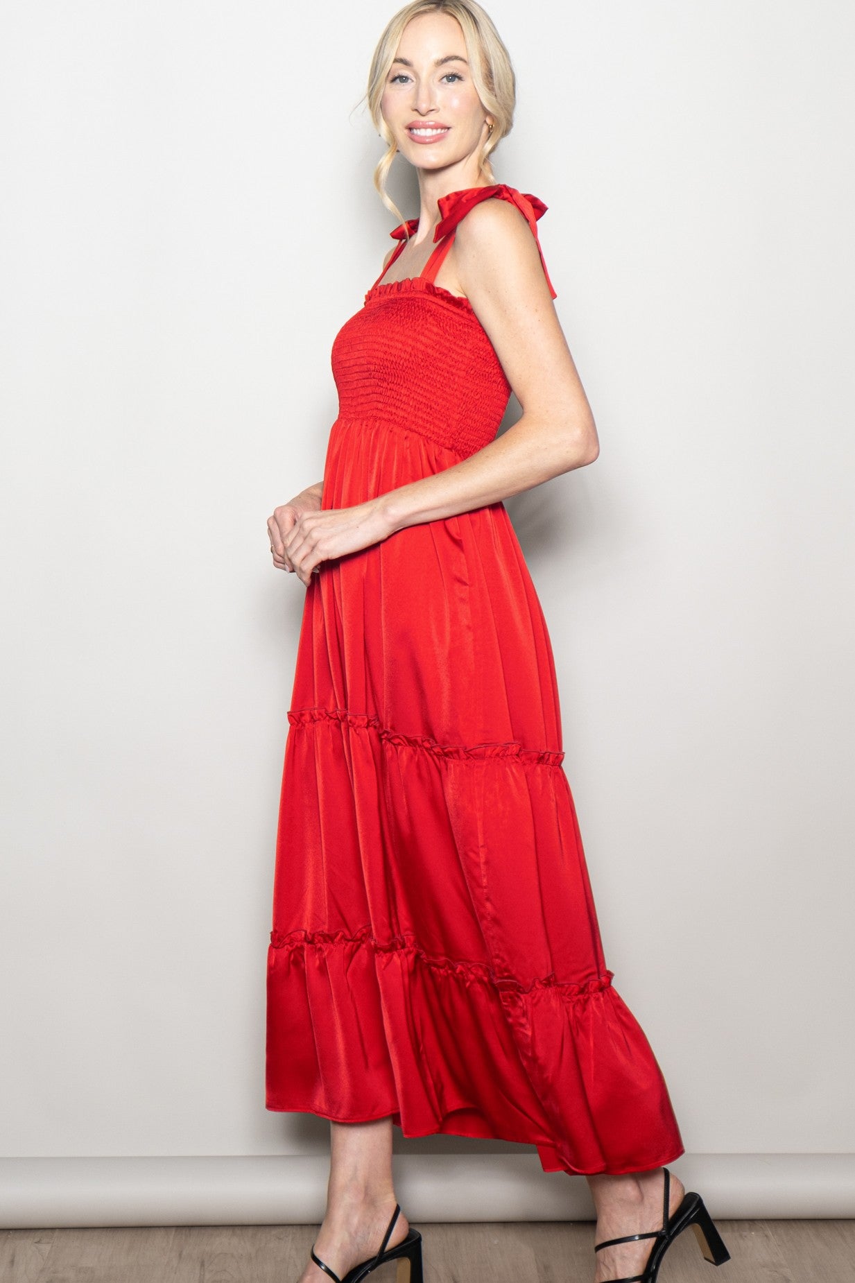 Red Satin Smocked Shoulder Tie Maxi Dress