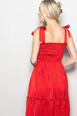 Red Satin Smocked Shoulder Tie Maxi Dress