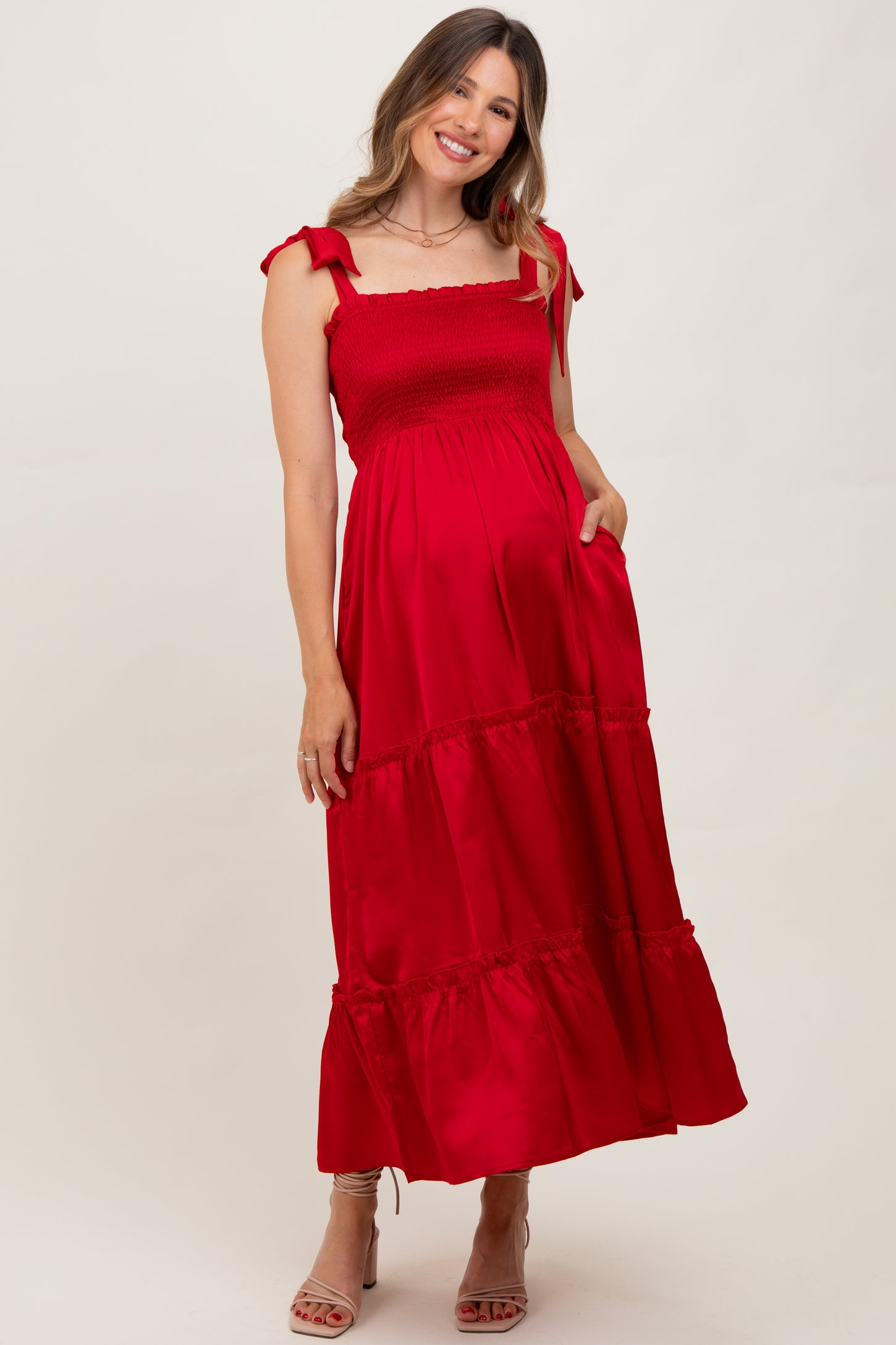 Red Satin Smocked Shoulder Tie Maternity Maxi Dress PinkBlush Red Satin Smocked Shoulder Tie Maternity Maxi Dress PinkBlush