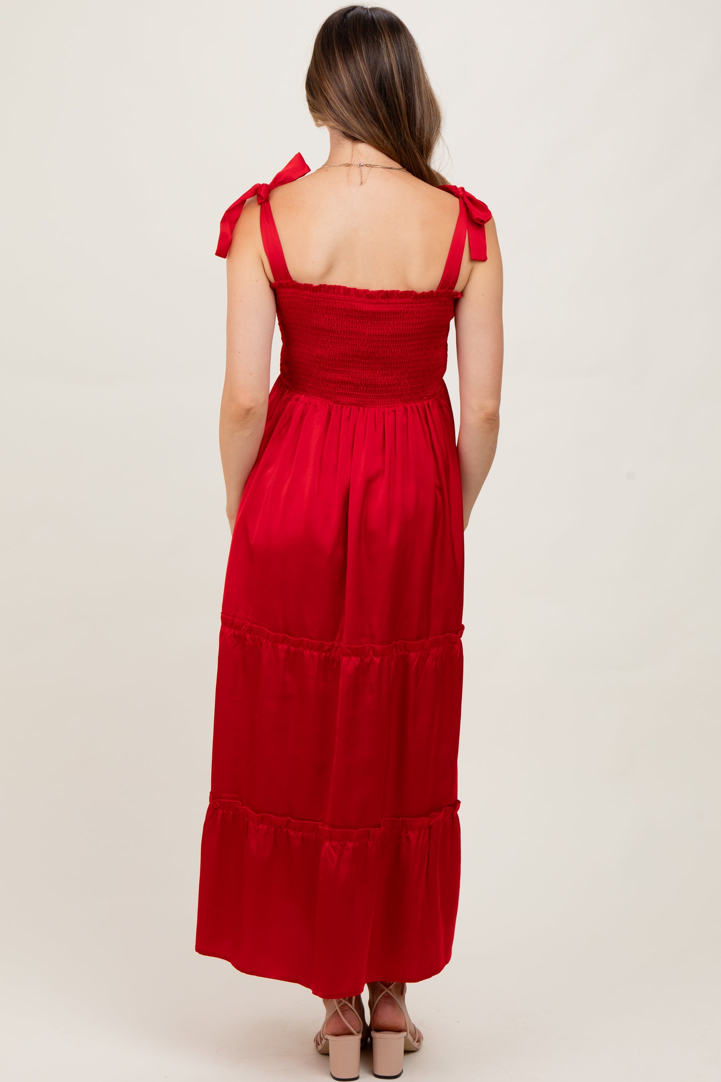 Red Satin Smocked Shoulder Tie Maternity Maxi Dress