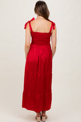 Red Satin Smocked Shoulder Tie Maternity Maxi Dress