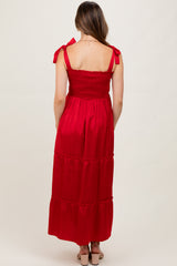 Red Satin Smocked Shoulder Tie Maternity Maxi Dress