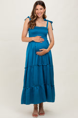 Blue Satin Smocked Maternity Maxi Dress