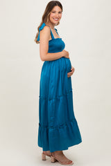 Blue Satin Smocked Maternity Maxi Dress