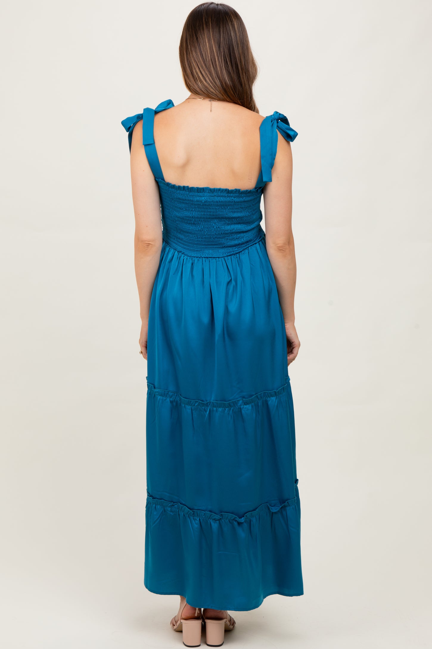 Blue Satin Smocked Maternity Maxi Dress