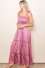 Pink Satin Smocked Maxi Dress