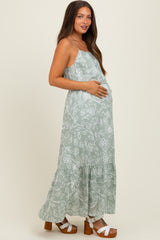Light Olive Floral Sleeveless Waist Tie Maternity Maxi Dress