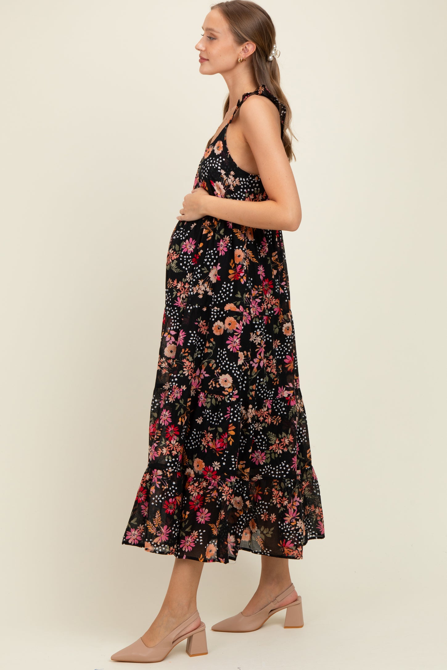 Black Floral Chiffon Button Front Maternity Midi Dress