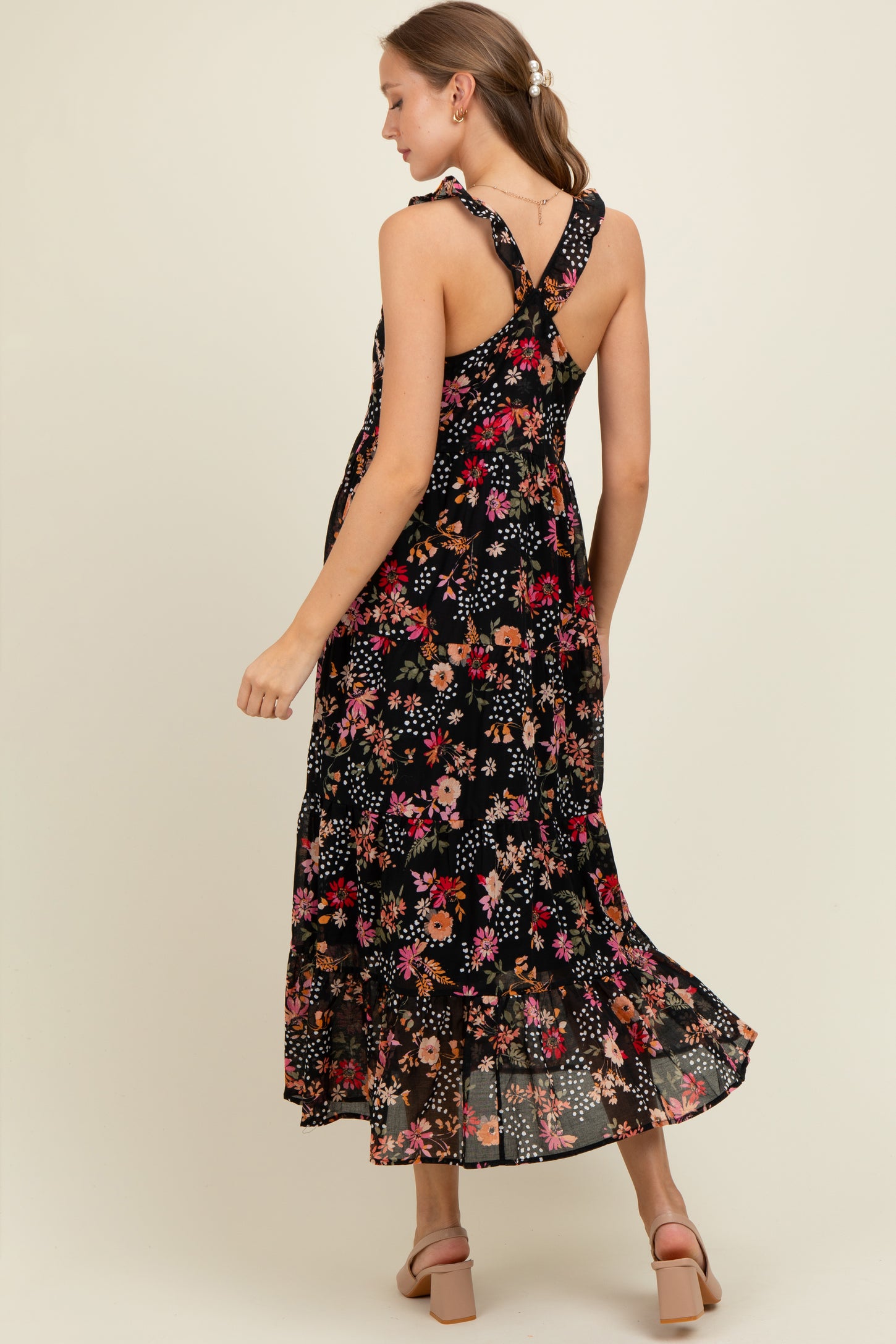 Black Floral Chiffon Button Front Maternity Midi Dress