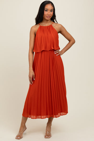 Rust Pleated Woven Midi Dress