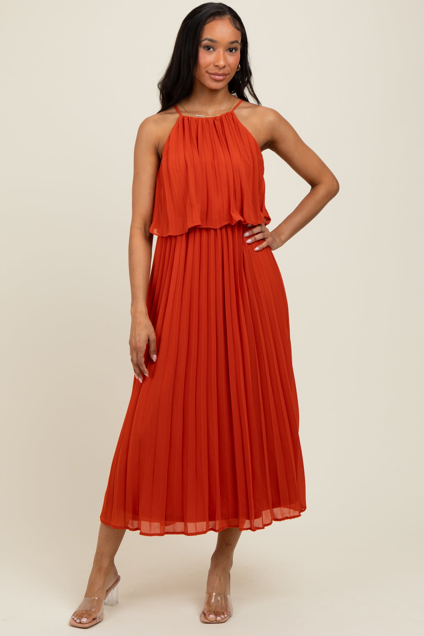 rust midi dress Rust Pleated Woven Midi Dress