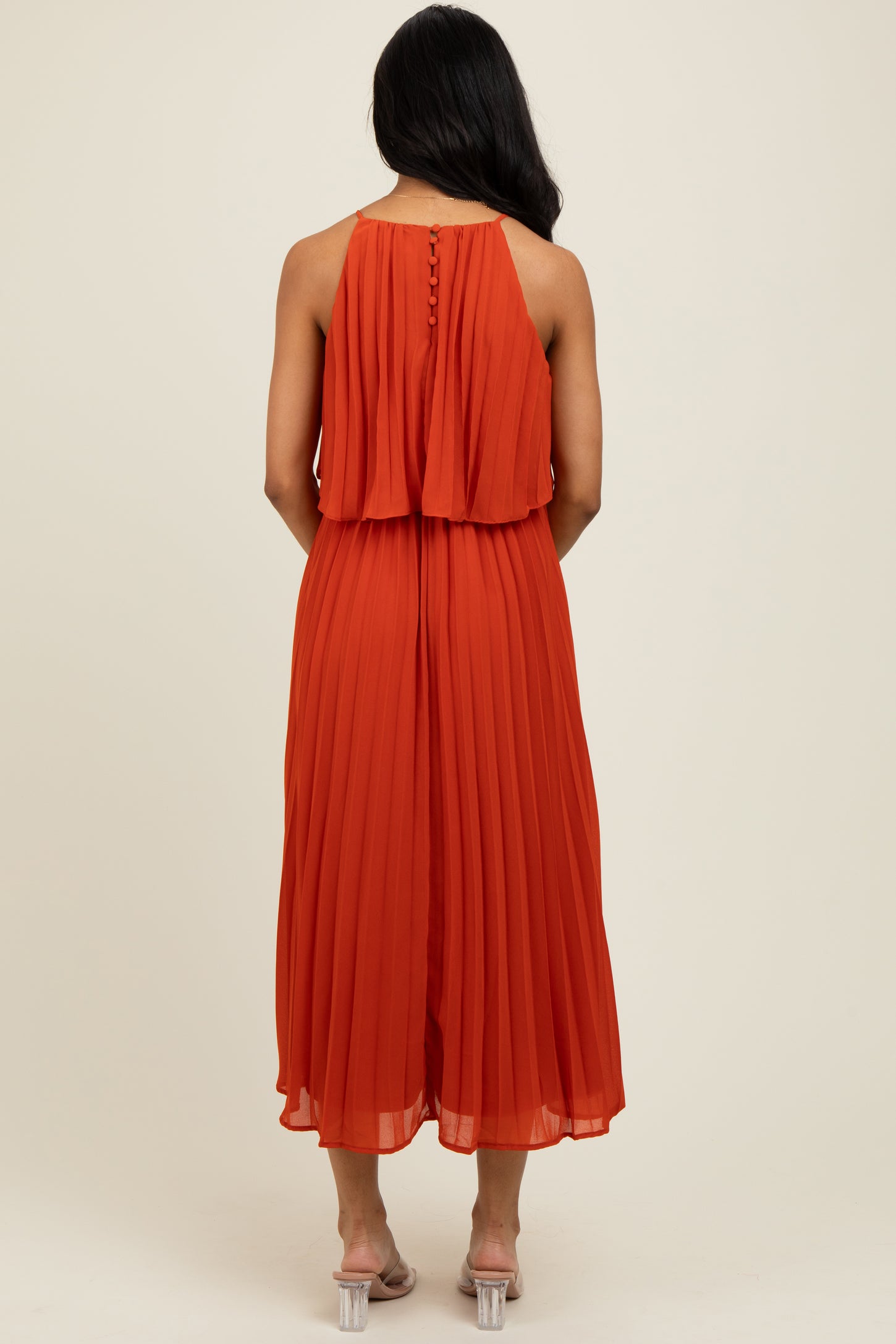 Rust Pleated Woven Midi Dress