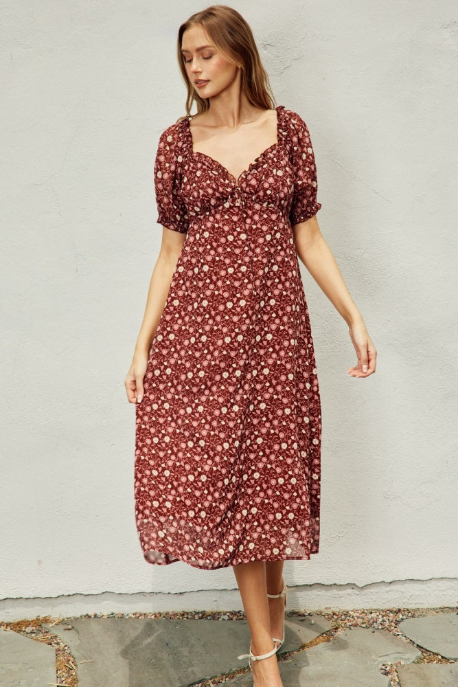 Burgundy Floral Chiffon Sweetheart Puff Sleeve Midi Dress