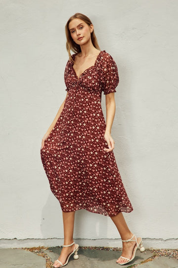 Burgundy Floral Chiffon Sweetheart Puff Sleeve Midi Dress