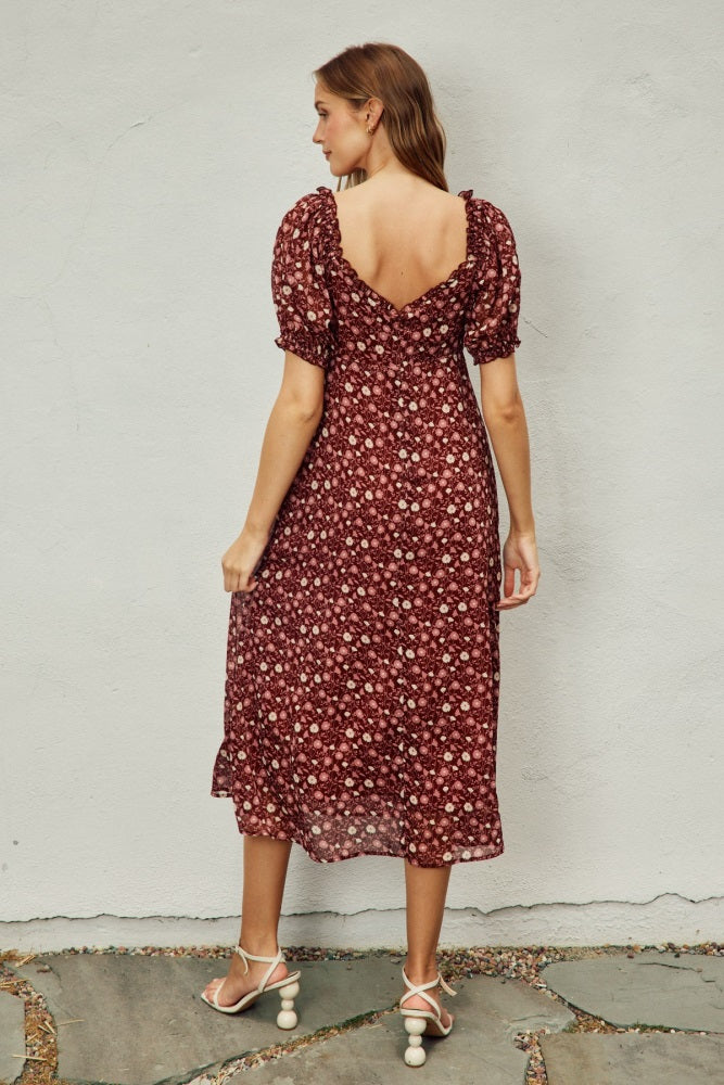 Burgundy Floral Chiffon Sweetheart Puff Sleeve Midi Dress – PinkBlush