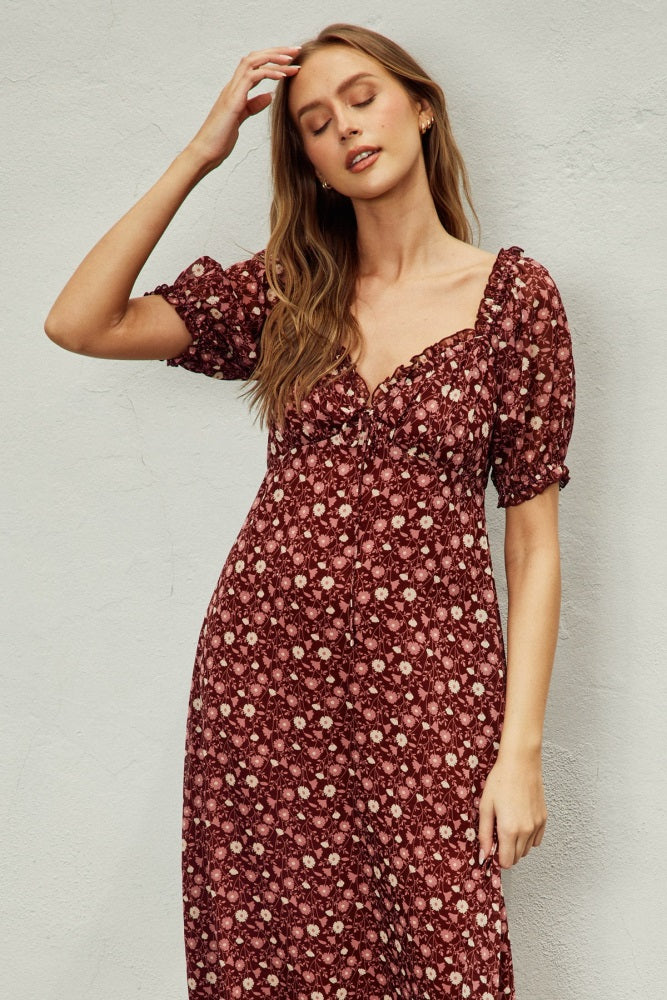 Burgundy Floral Chiffon Sweetheart Puff Sleeve Midi Dress