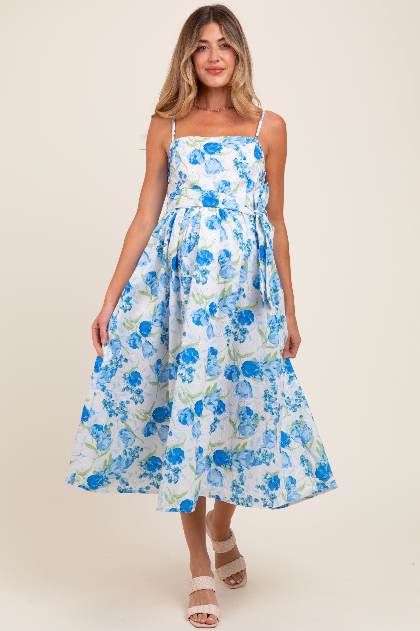 Blue Floral Sleeveless Sash Tie Maternity Midi Dress