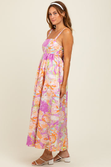 Pink Floral Cutout Tie Back Maxi Dress