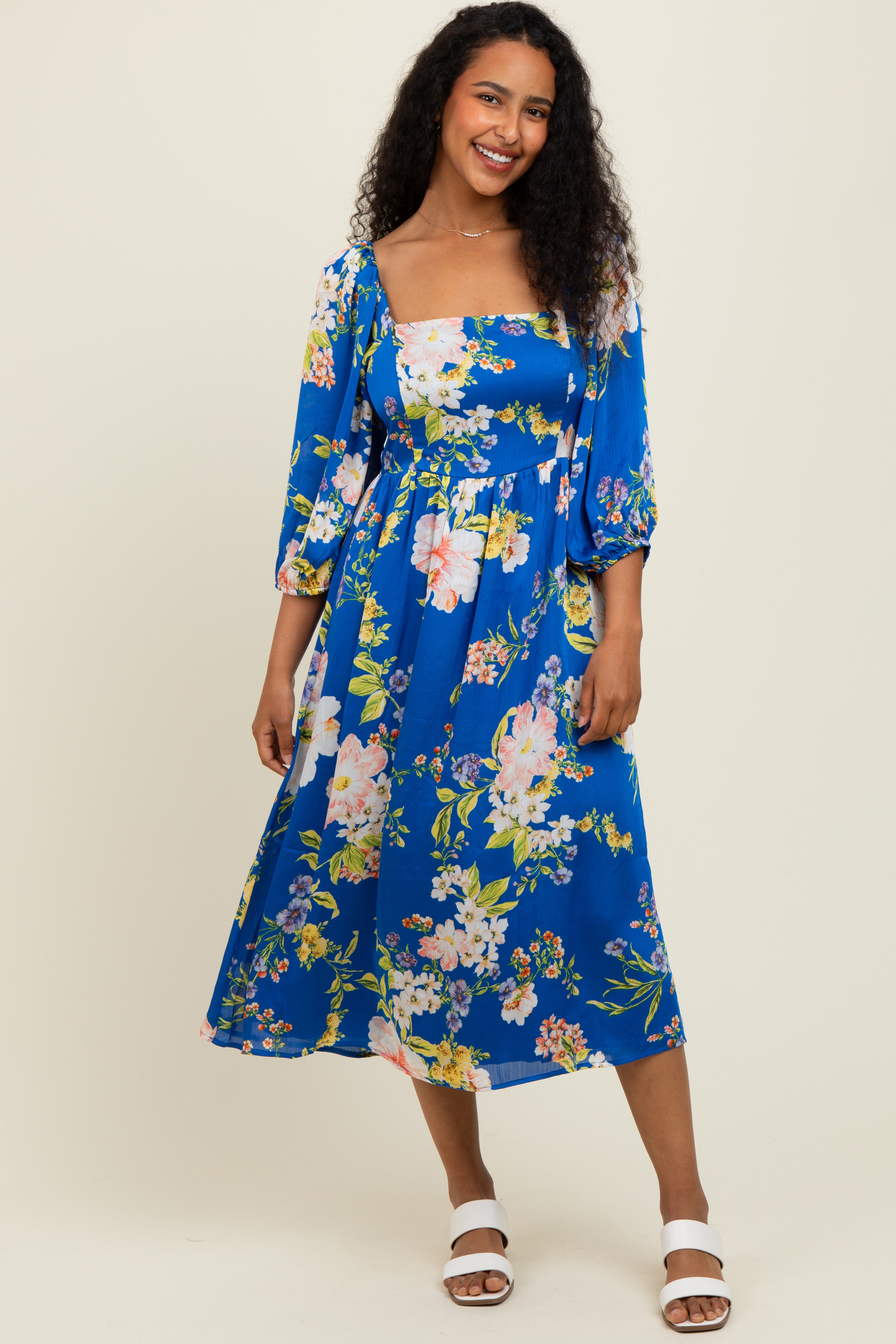 Royal Blue Floral Square Neck 3/4 Sleeve Midi Dress  PinkBlush