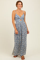Blue Floral V-Neck Twist Front Keyhole Maxi Dress