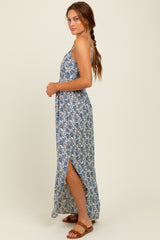 Blue Floral V-Neck Twist Front Keyhole Maxi Dress
