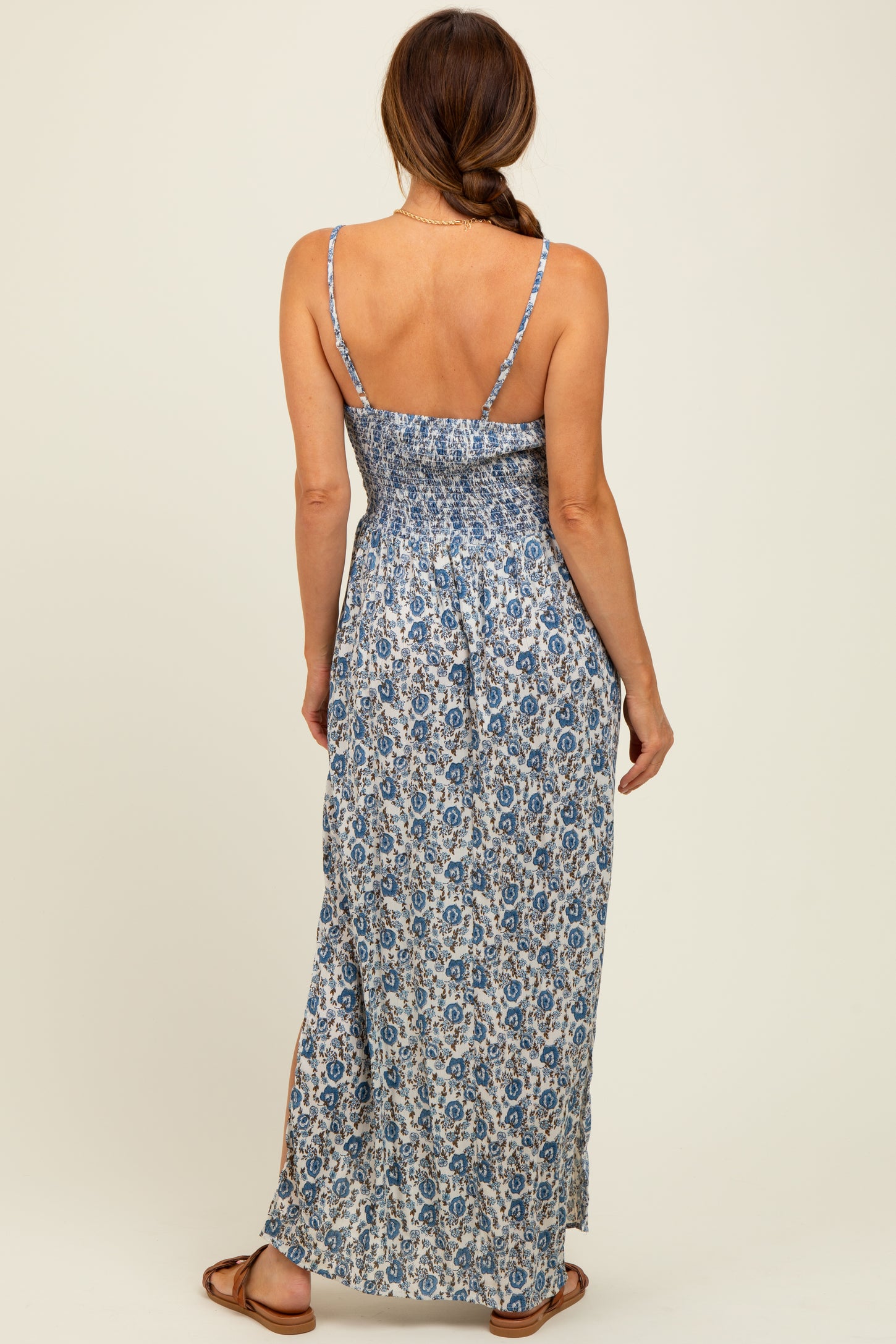 Blue Floral V-Neck Twist Front Keyhole Maxi Dress