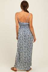 Blue Floral V-Neck Twist Front Keyhole Maxi Dress