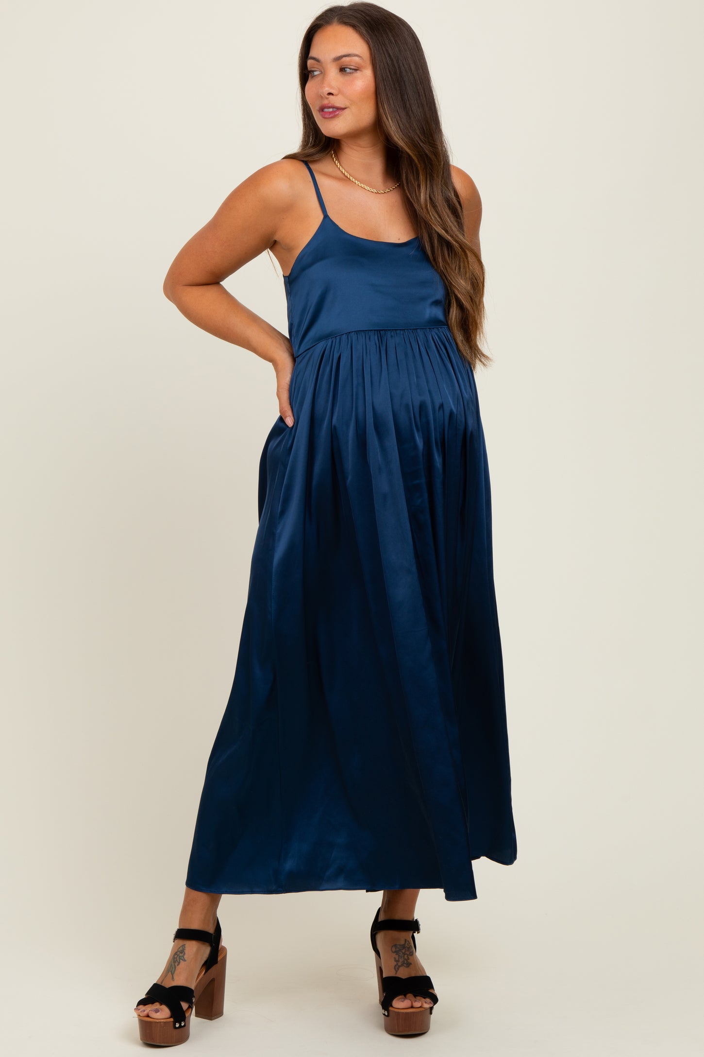 Navy Satin Sleeveless Tie-Back Maternity Midi Dress