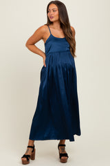 Navy Satin Sleeveless Tie-Back Maternity Midi Dress