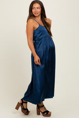 Navy Satin Sleeveless Tie-Back Maternity Midi Dress