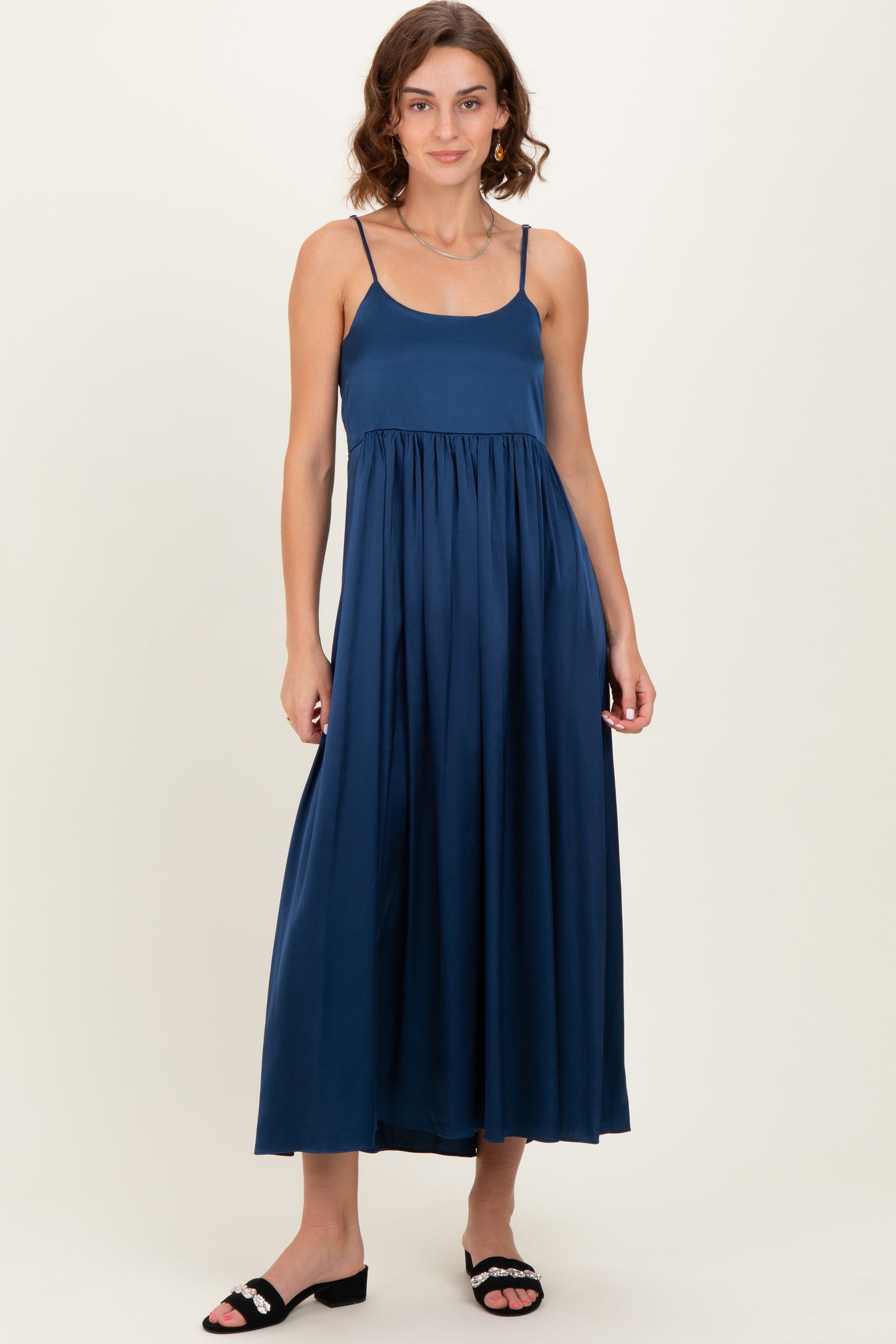 Navy Satin Sleeveless Tie-Back Midi Dress