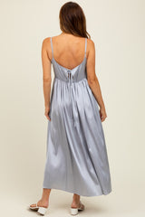 Light Grey Satin Sleeveless Tie-Back Midi Dress