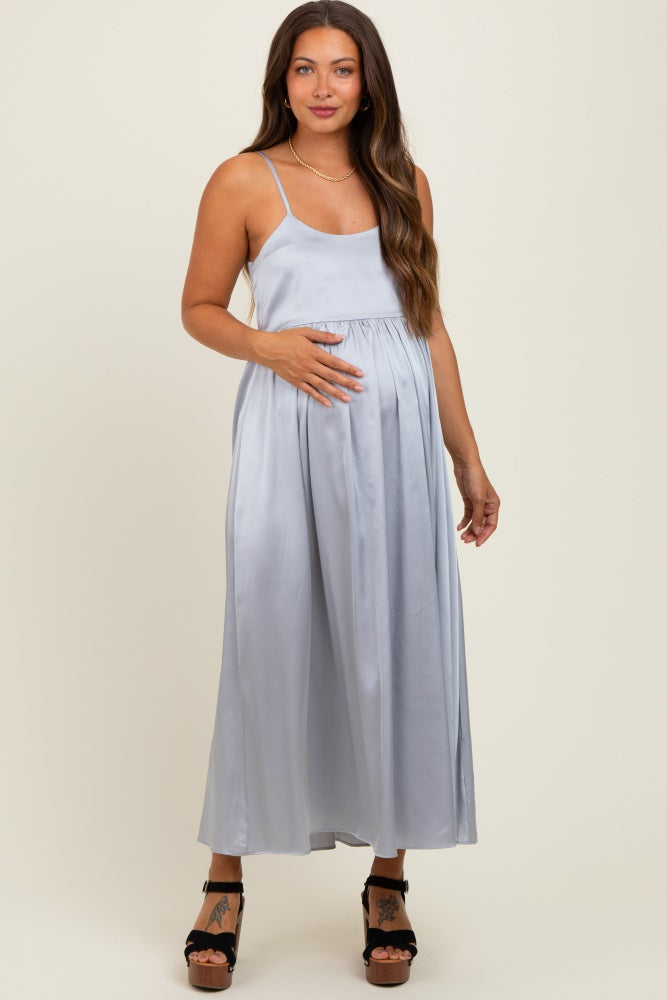 Light Grey Satin Sleeveless Tie-Back Maternity Midi Dress