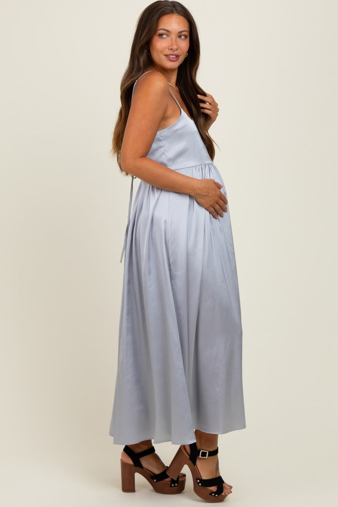 Light Grey Satin Sleeveless Tie-Back Maternity Midi Dress Light Grey Satin Sleeveless Tie-Back Maternity Midi Dress