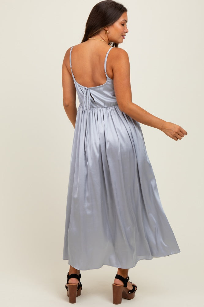Light Grey Satin Sleeveless Tie-Back Maternity Midi Dress Light Grey Satin Sleeveless Tie-Back Maternity Midi Dress