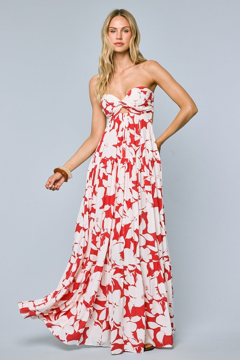 Red Floral Strapless Cutout Back Maternity Maxi Dress