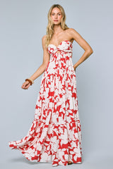 Red Floral Strapless Cutout Back Maternity Maxi Dress