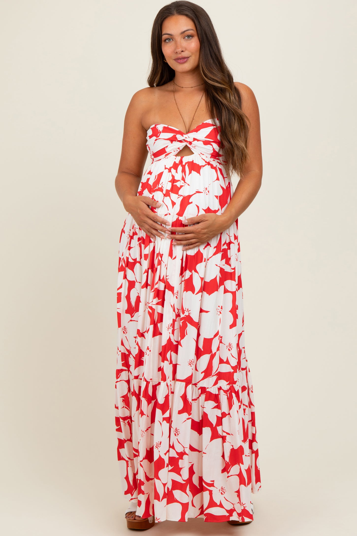 Red Floral Strapless Cutout Back Maternity Maxi Dress