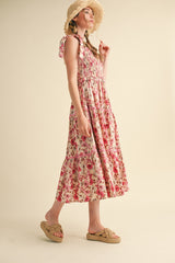 Pink Floral Smocked Ruffled Lace Trim Midi Dress