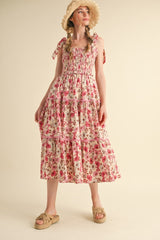 Pink Floral Smocked Ruffled Lace Trim Midi Dress
