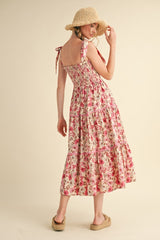 Pink Floral Smocked Ruffled Lace Trim Midi Dress