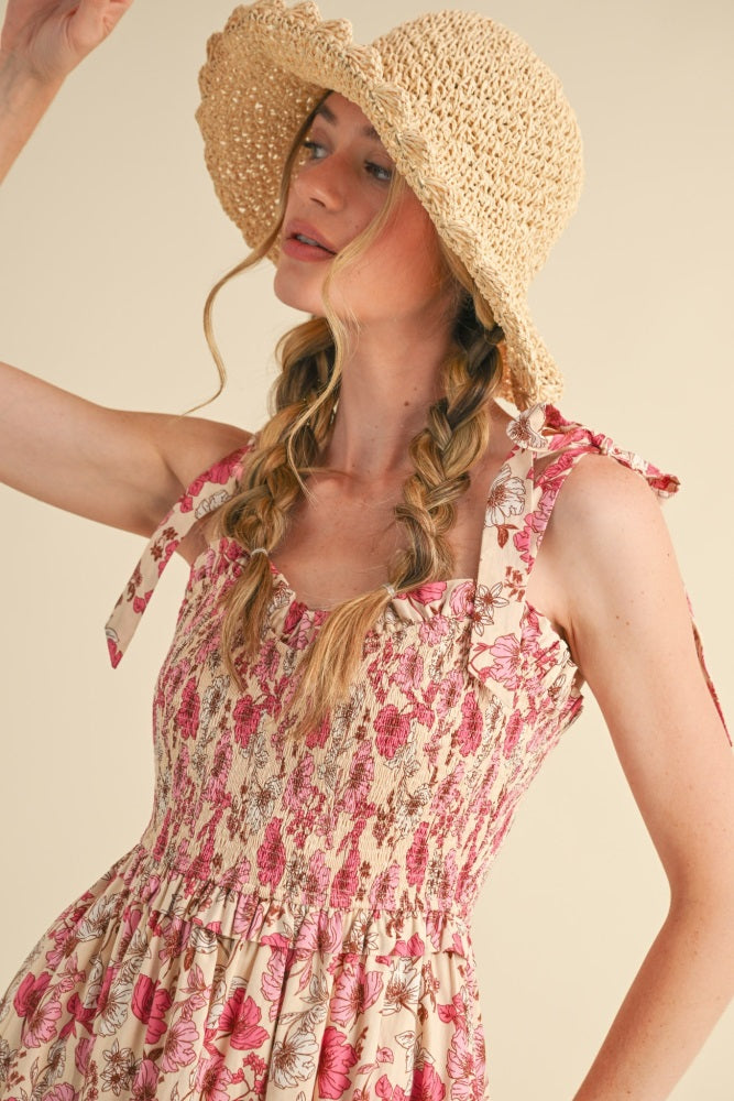 Pink Floral Smocked Ruffled Lace Trim Midi Dress