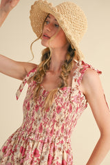 Pink Floral Smocked Ruffled Lace Trim Midi Dress