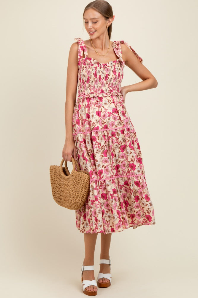 Pink Floral Smocked Ruffled Lace Trim Maternity Midi Dress
