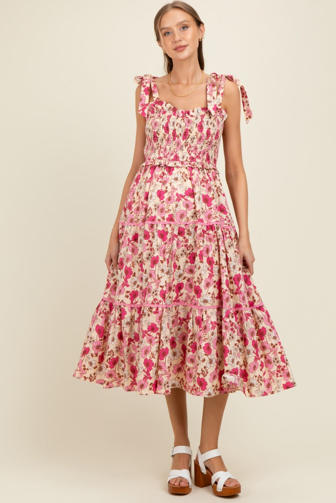 Pink Floral Smocked Ruffled Lace Trim Maternity Midi Dress