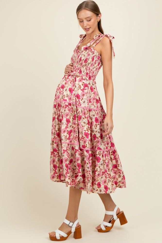 Pink Floral Smocked Ruffled Lace Trim Maternity Midi Dress