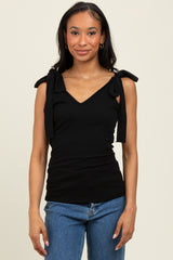 Black Solid Ribbed Sleeveless Tie V-Neck Top
