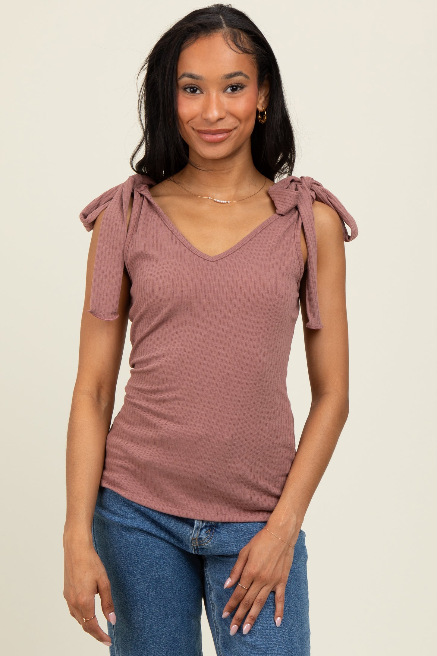 Mauve Solid Ribbed Sleeveless Tie V-Neck Top