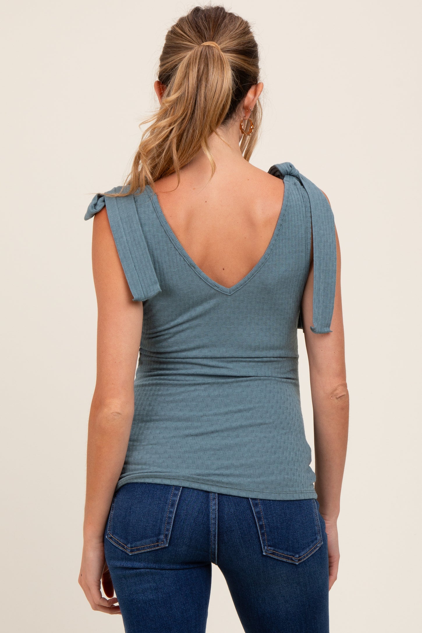 Teal Solid Ribbed Sleeveless Tie V-Neck Maternity Top